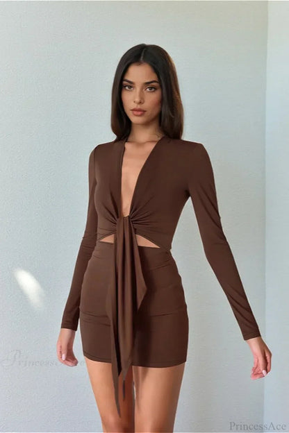 Deep V-Neck Tie Front Cutout Waist Long Sleeve Bodycon Mini Dress