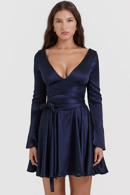 Deep V Wrap Tie-Waist Pleated Satin Long Sleeve Mini Dress