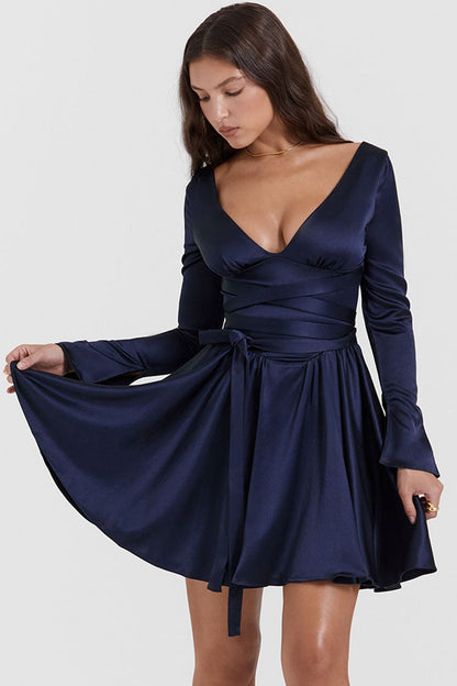 Deep V Wrap Tie-Waist Pleated Satin Long Sleeve Mini Dress