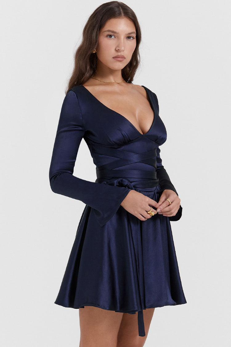 Deep V Wrap Tie-Waist Pleated Satin Long Sleeve Mini Dress