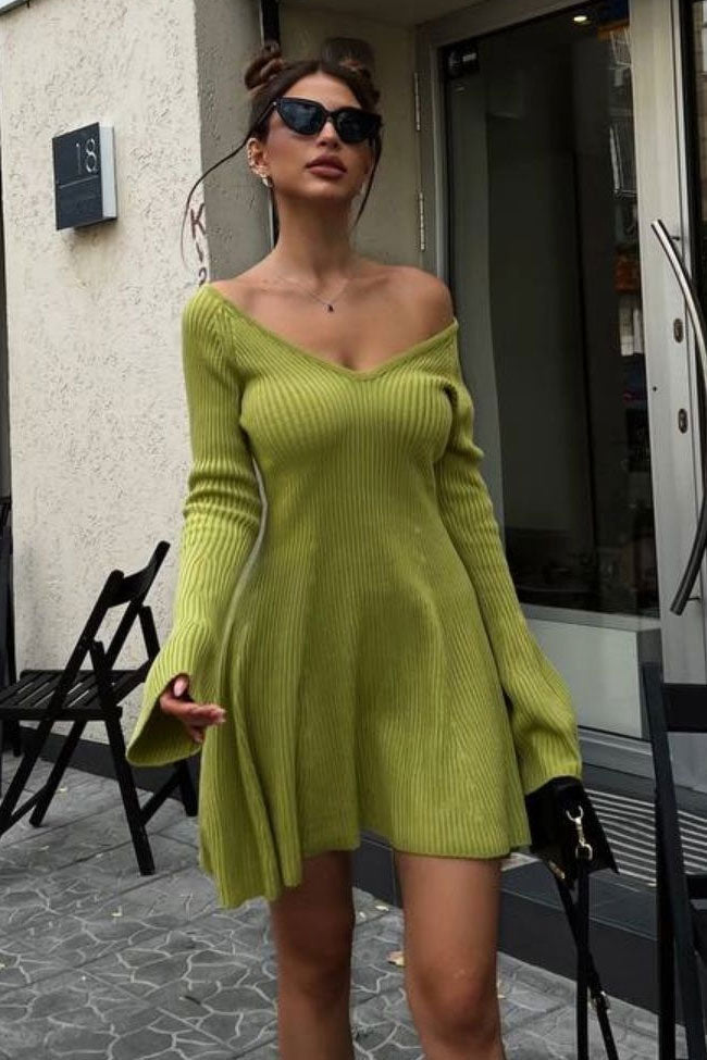 Ribbed Knit Deep V-Neck Off Shoulder Long Sleeve Fit and Flare Mini Dress