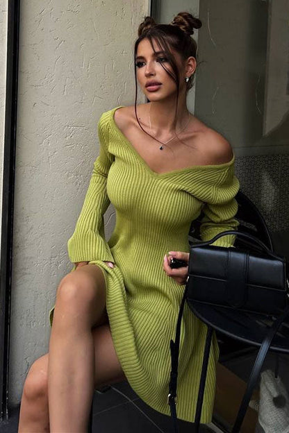 Ribbed Knit Deep V-Neck Off Shoulder Long Sleeve Fit and Flare Mini Dress