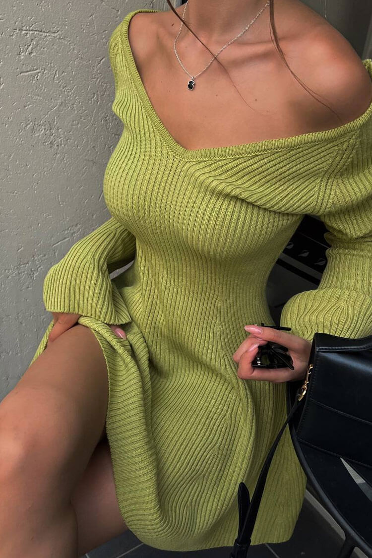 Ribbed Knit Deep V-Neck Off Shoulder Long Sleeve Fit and Flare Mini Dress