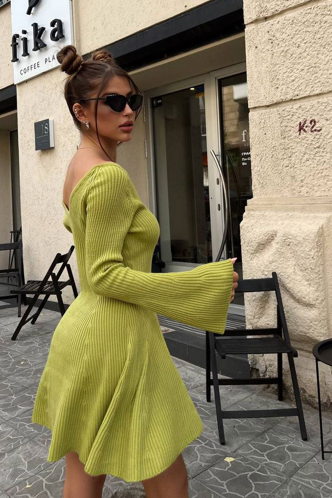 Ribbed Knit Deep V-Neck Off Shoulder Long Sleeve Fit and Flare Mini Dress