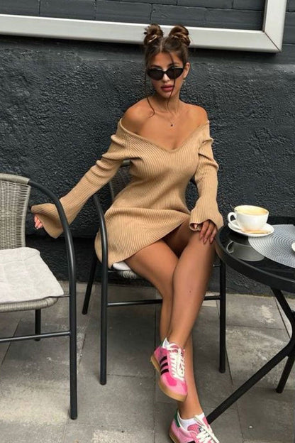 Off Shoulder Deep V Neck Ribbed Knit Bell Sleeve Bodycon Mini Dress