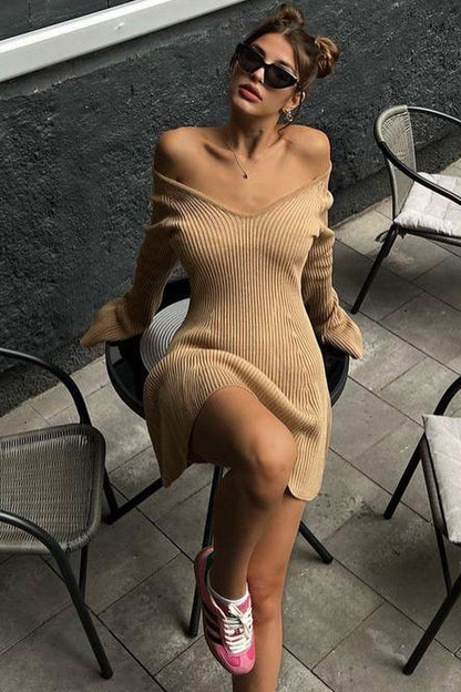 Off Shoulder Deep V Neck Ribbed Knit Bell Sleeve Bodycon Mini Dress