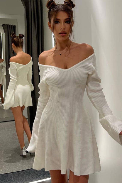 Ribbed Knit Deep V-Neck Off Shoulder Long Sleeve Fit and Flare Mini Dress