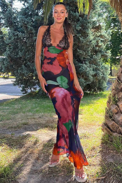 Lace Bodice Halter Deep V-Neck Abstract Floral Print Fishtail Maxi Dress
