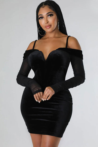 Sweetheart Neck Corset Boning Sheer Mesh Long Sleeve Velvet Bodycon Mini Dress