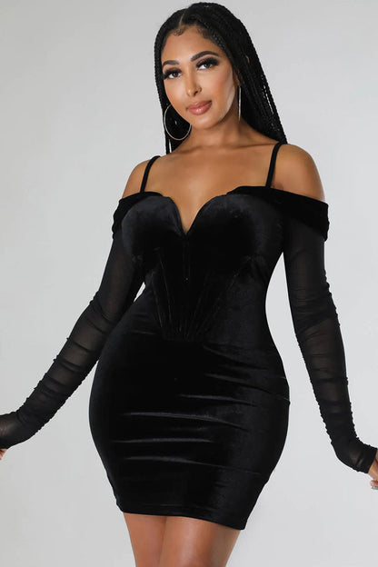 Sweetheart Neck Corset Boning Sheer Mesh Long Sleeve Velvet Bodycon Mini Dress