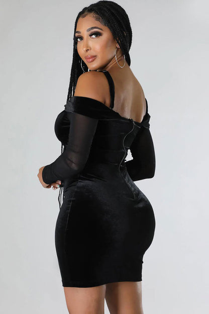 Sweetheart Neck Corset Boning Sheer Mesh Long Sleeve Velvet Bodycon Mini Dress