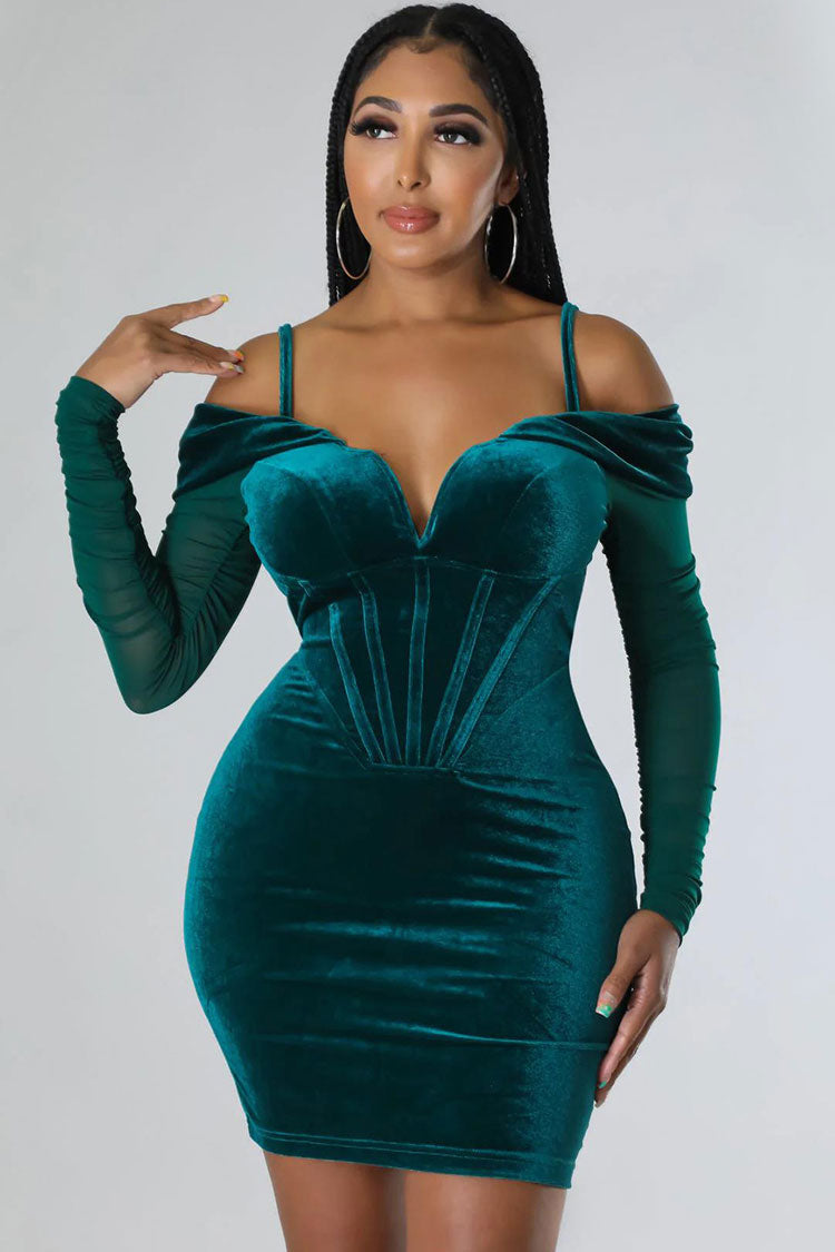 Velvet Corset Boning Off-Shoulder Sheer Ruched Long Sleeve Mini Dress