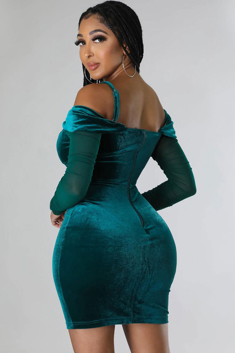 Velvet Corset Boning Off-Shoulder Sheer Ruched Long Sleeve Mini Dress