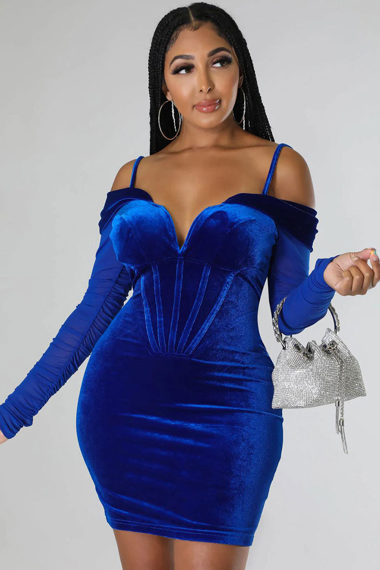 Velvet Corset Boning Sweetheart Off-Shoulder Sheer Sleeve Mini Dress