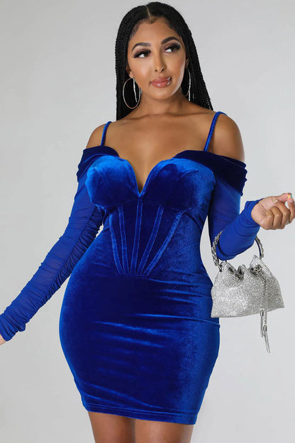 Velvet Corset Boning Sweetheart Off-Shoulder Sheer Sleeve Mini Dress