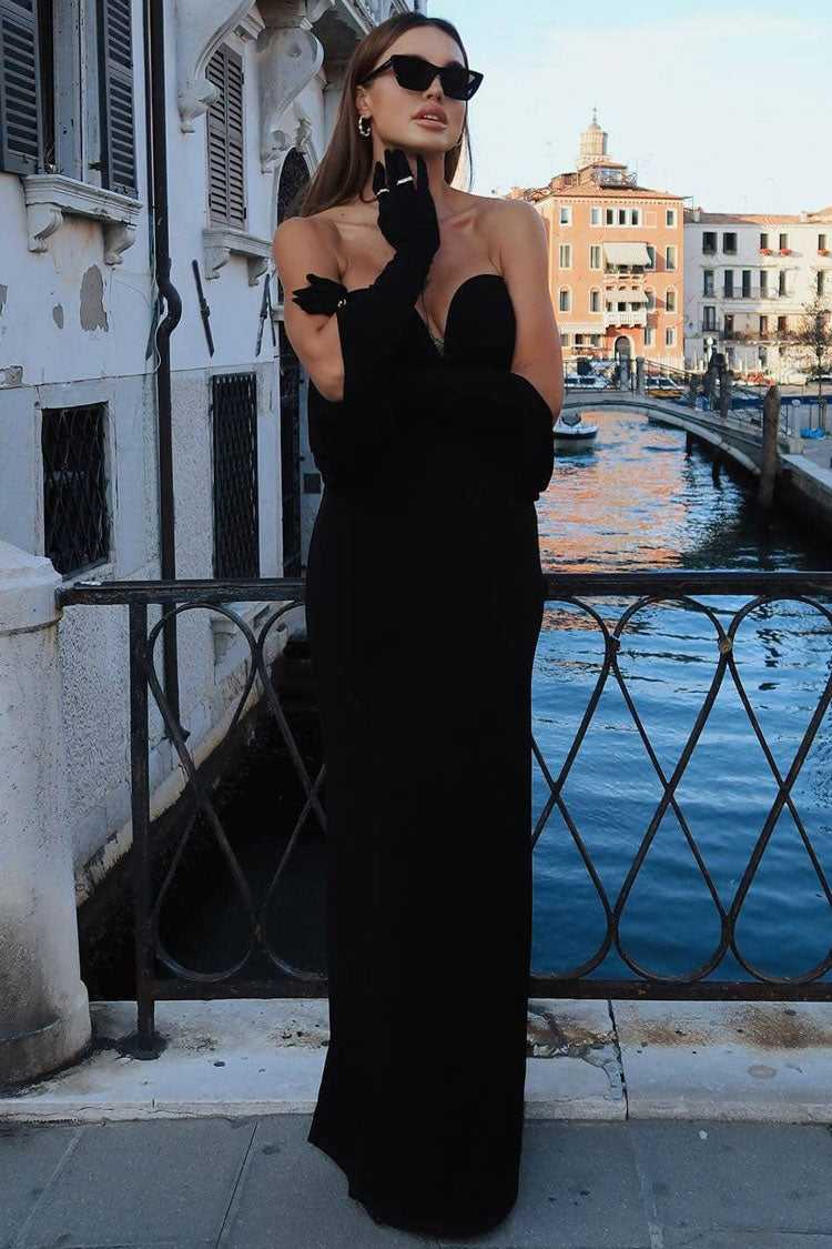 Strapless Deep V-Neck Draped Opera Glove Sleeve Jersey Maxi Gown