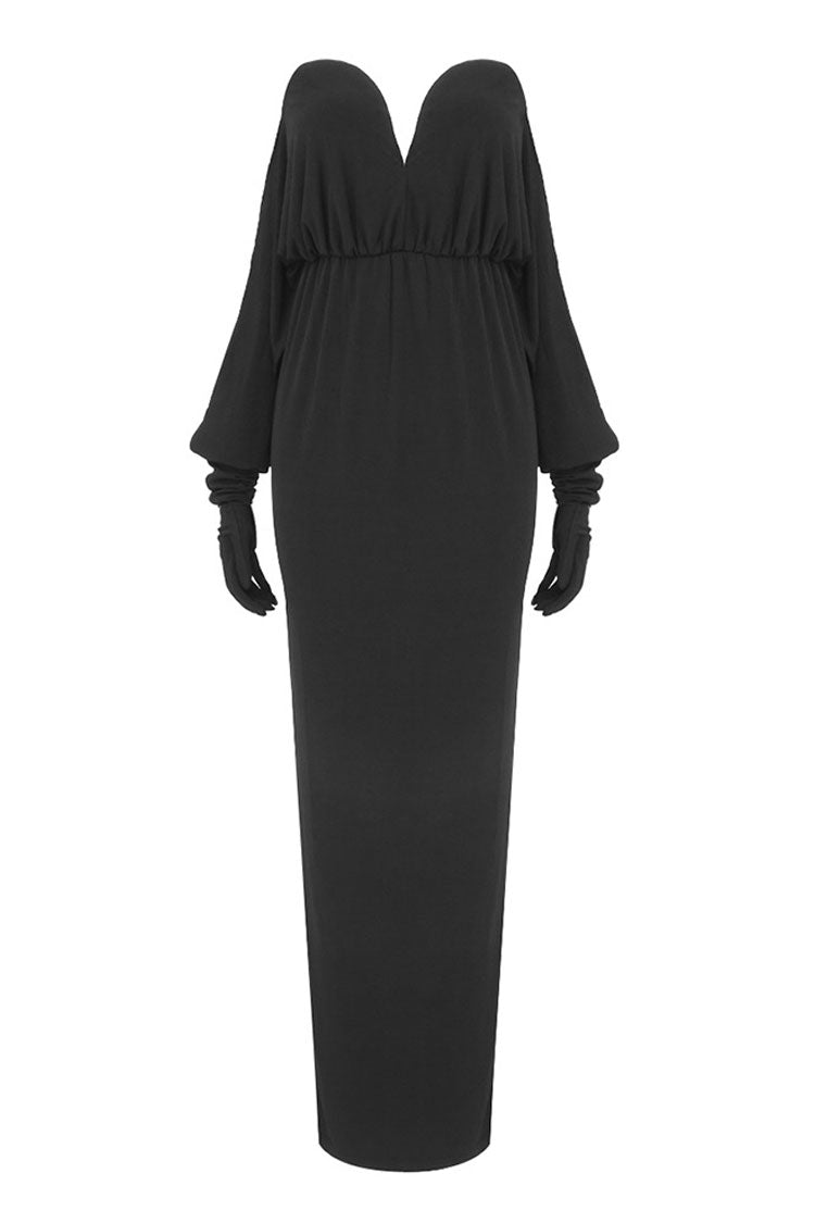Strapless Deep V-Neck Draped Opera Glove Sleeve Jersey Maxi Gown