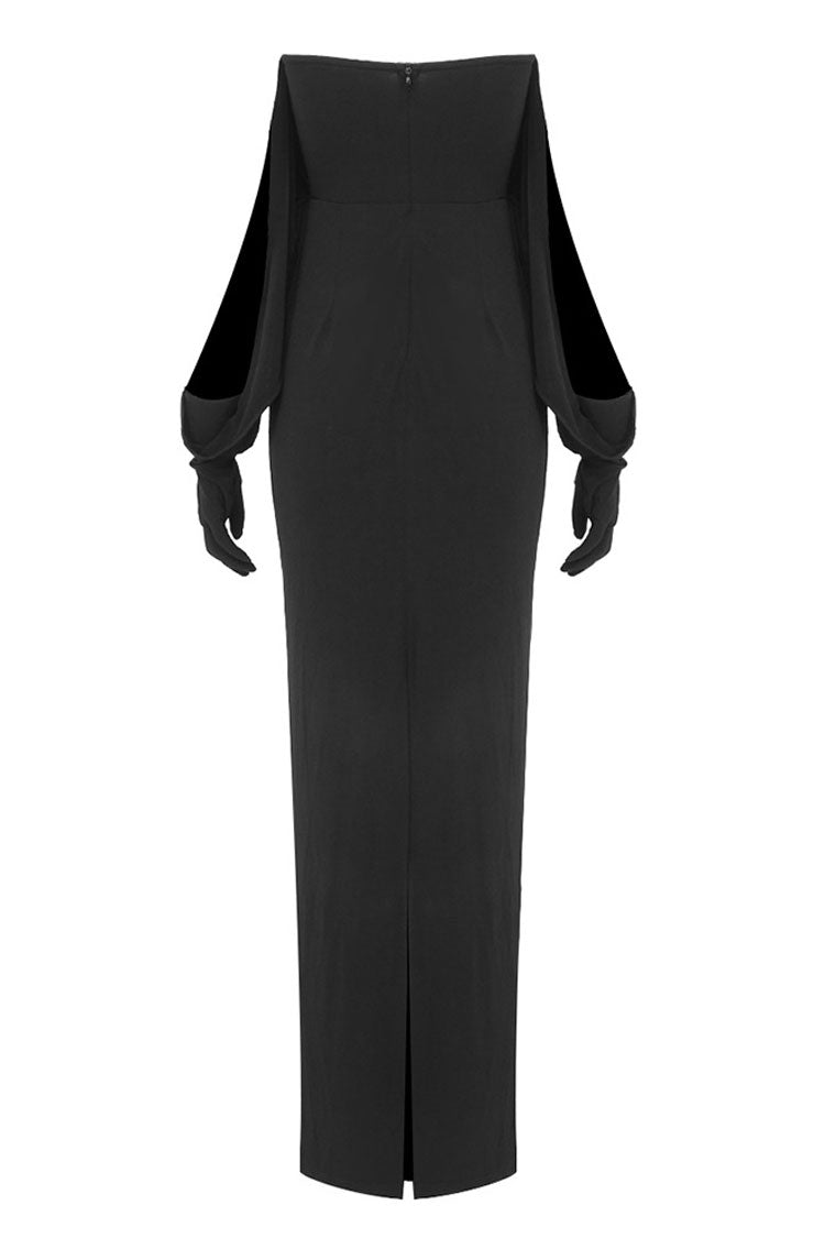 Strapless Deep V-Neck Draped Opera Glove Sleeve Jersey Maxi Gown