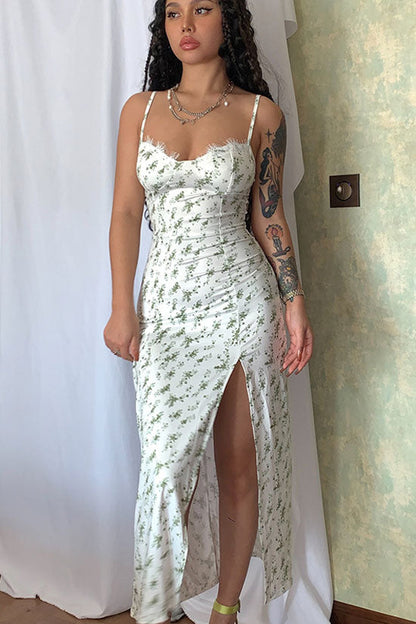 Ditsy Floral Print Sweetheart Lace Trim Spaghetti Strap High Slit Midi Dress
