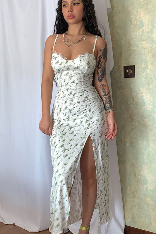 Ditsy Floral Print Sweetheart Lace Trim Spaghetti Strap High Slit Midi Dress