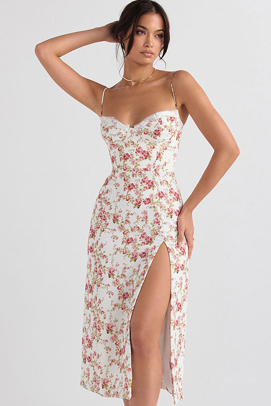 Ditsy Floral Print Sweetheart Lace Trim Spaghetti Strap High Slit Midi Dress