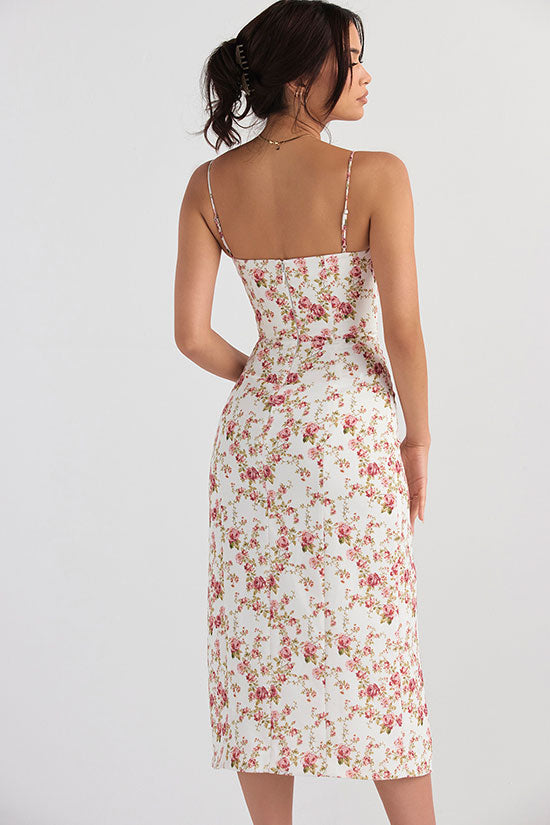 Ditsy Floral Print Sweetheart Lace Trim Spaghetti Strap High Slit Midi Dress