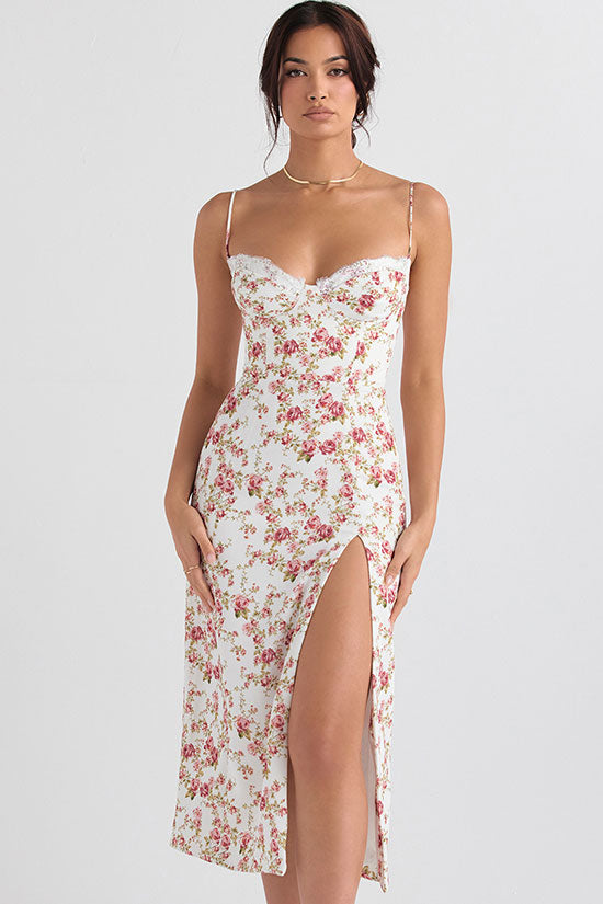 Ditsy Floral Print Sweetheart Lace Trim Spaghetti Strap High Slit Midi Dress
