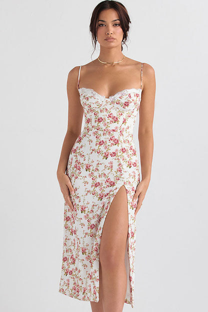 Ditsy Floral Print Sweetheart Lace Trim Spaghetti Strap High Slit Midi Dress