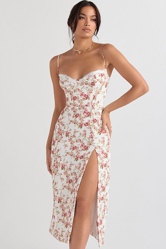 Ditsy Floral Print Sweetheart Lace Trim Spaghetti Strap High Slit Midi Dress