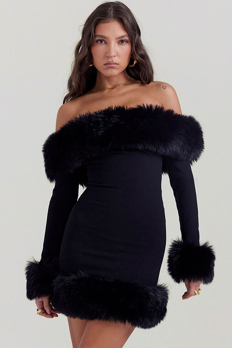 Off-Shoulder Faux Fur Trim Long Sleeve Bodycon Mini Dress
