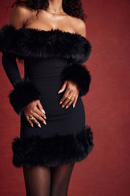 Off-Shoulder Faux Fur Trim Long Sleeve Bodycon Mini Dress
