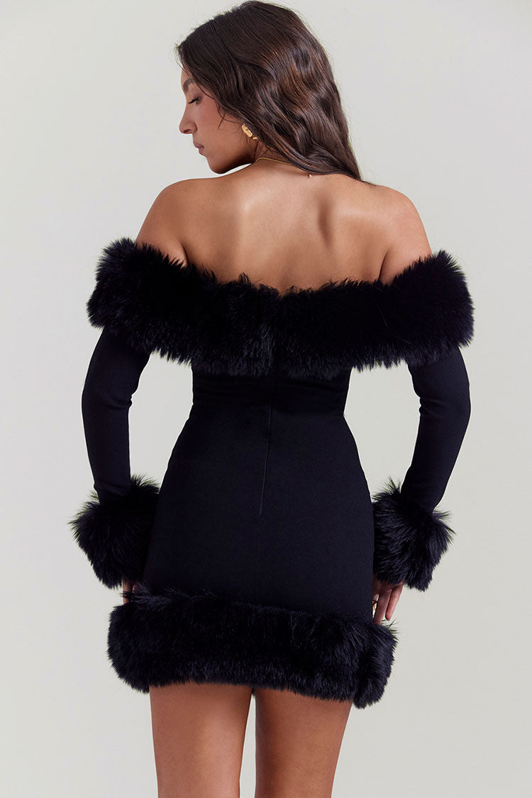 Off-Shoulder Faux Fur Trim Long Sleeve Bodycon Mini Dress