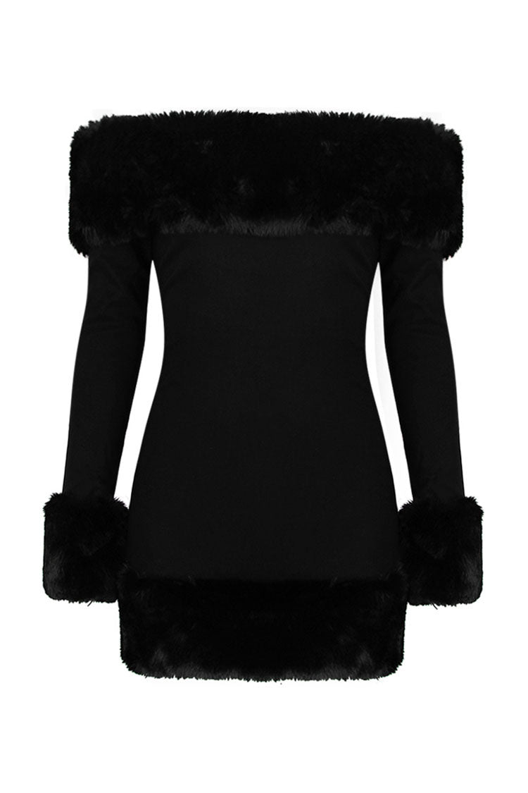 Off-Shoulder Faux Fur Trim Long Sleeve Bodycon Mini Dress