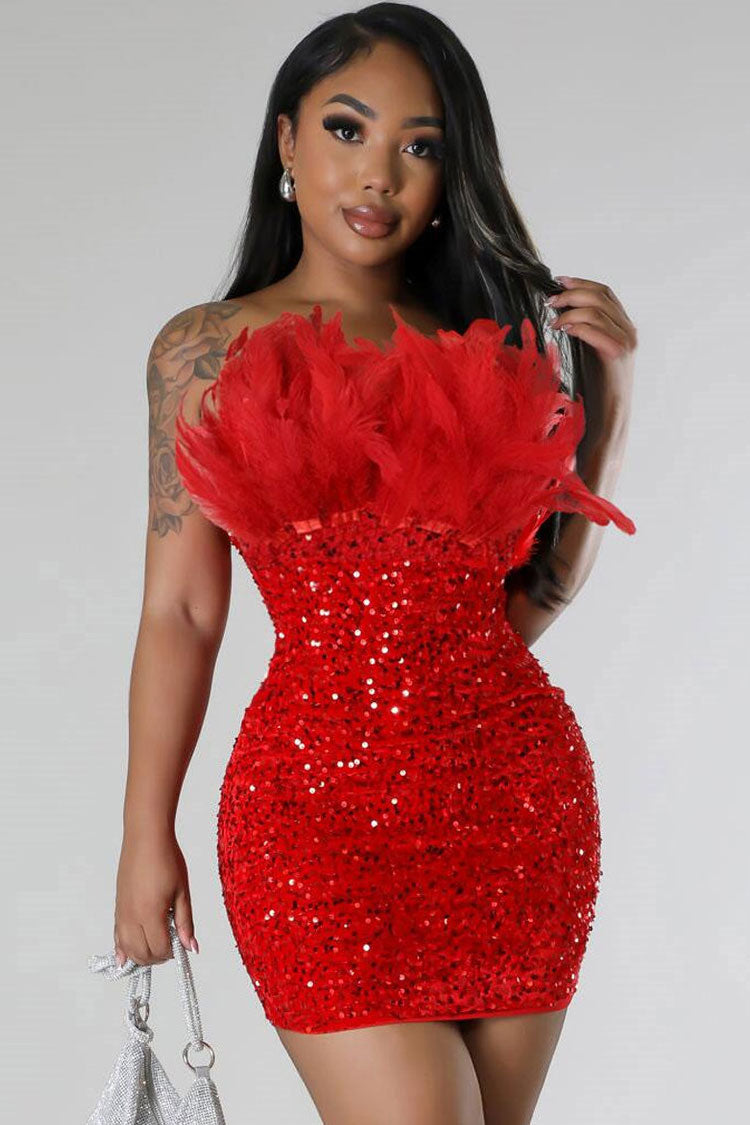 Feather Trim Strapless Sweetheart Sequin Bodycon Mini Dress