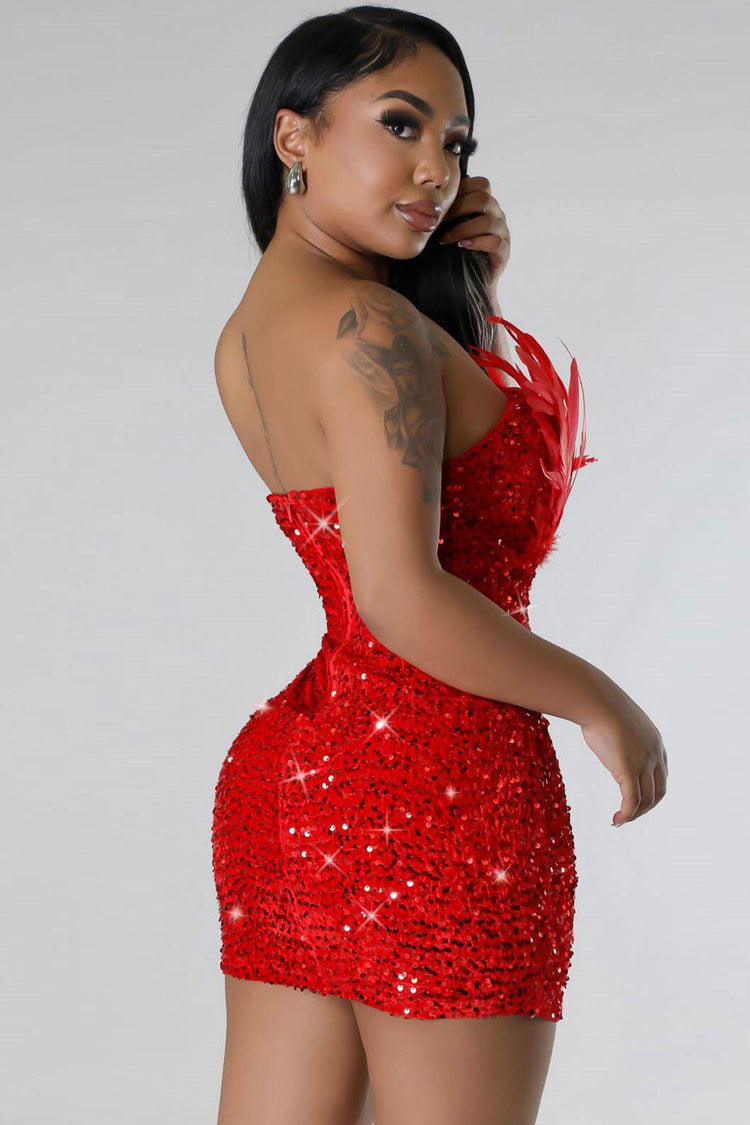 Feather Trim Strapless Sweetheart Sequin Bodycon Mini Dress