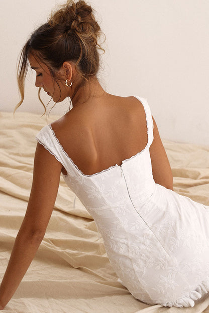 Sweetheart Lace Trim Eyelet Embroidery Flutter Sleeve Ruffle Hem Mini Dress