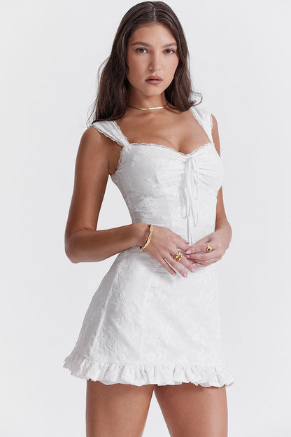 Sweetheart Lace Trim Eyelet Embroidery Flutter Sleeve Ruffle Hem Mini Dress