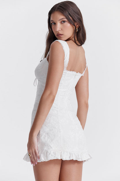 Sweetheart Lace Trim Eyelet Embroidery Flutter Sleeve Ruffle Hem Mini Dress