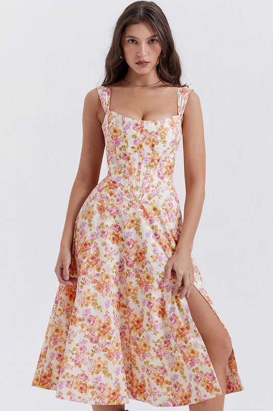 Floral Print Corset Square Neck Wide Strap High Split Midi Dress
