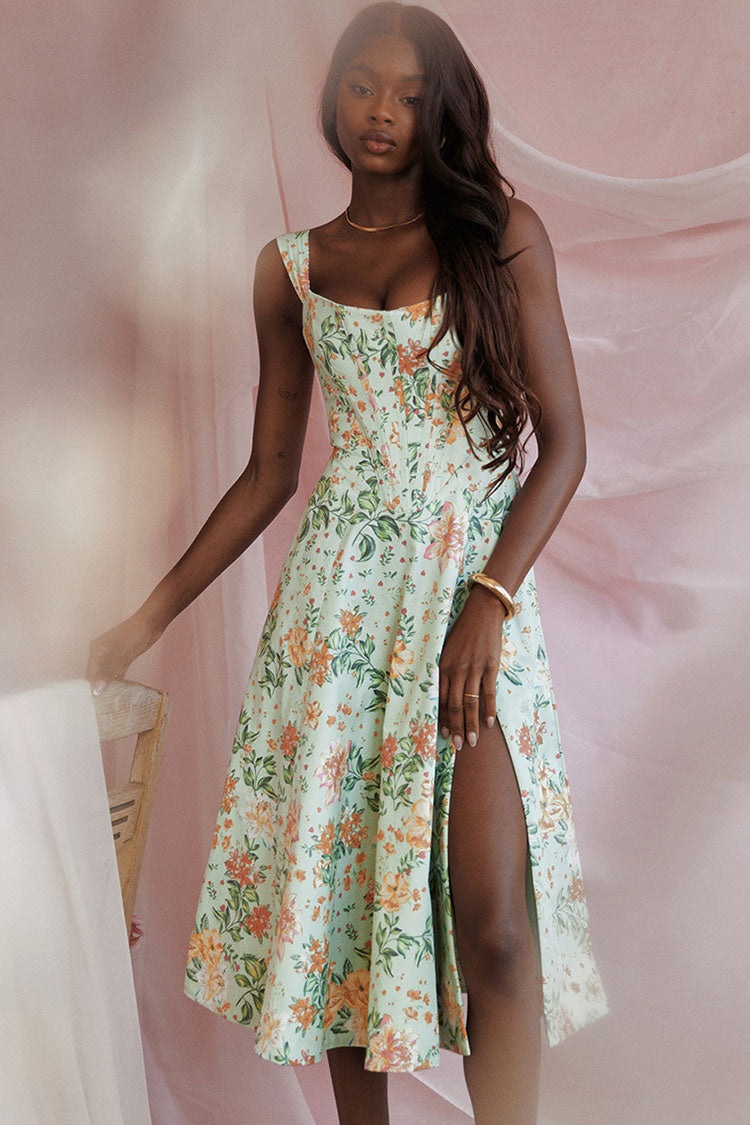 Floral Print Corset Square Neck Wide Strap High Split Midi Dress