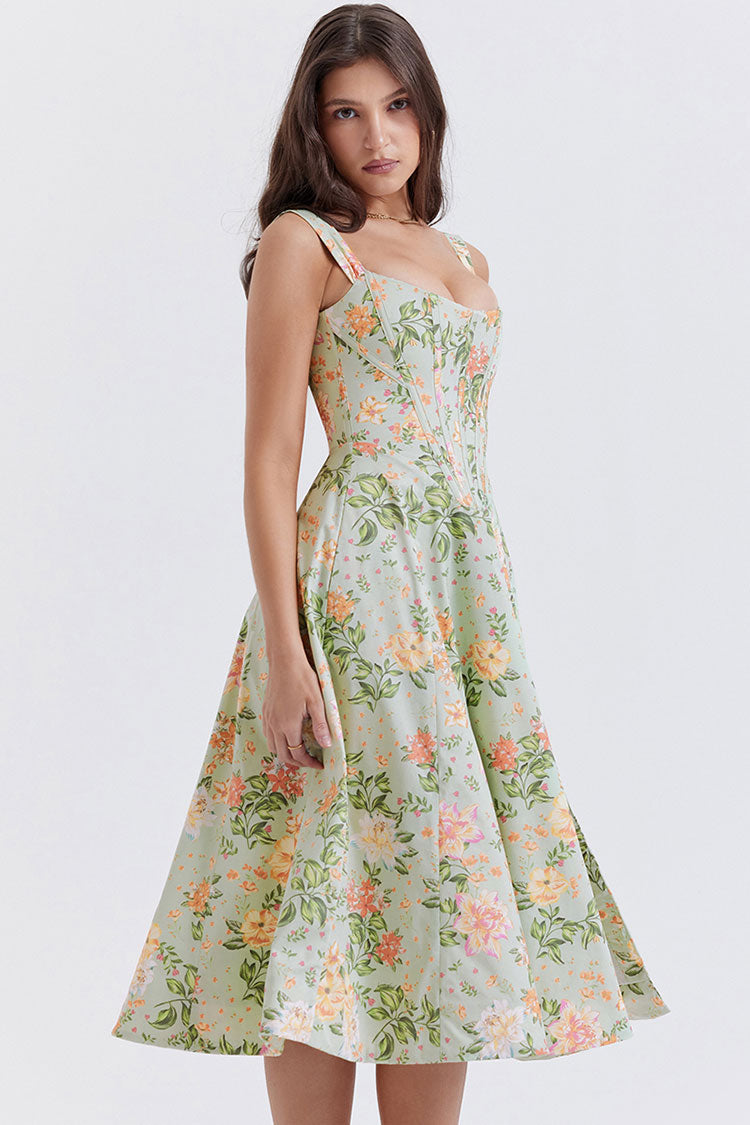 Floral Print Corset Square Neck Wide Strap High Split Midi Dress