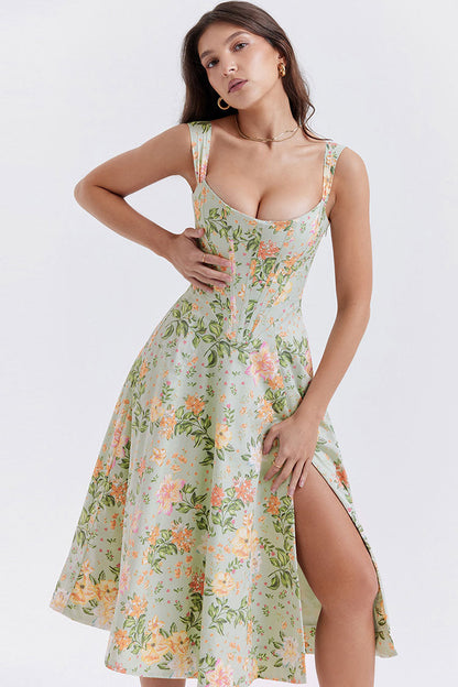 Floral Print Corset Square Neck Wide Strap High Split Midi Dress