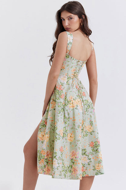 Floral Print Corset Square Neck Wide Strap High Split Midi Dress