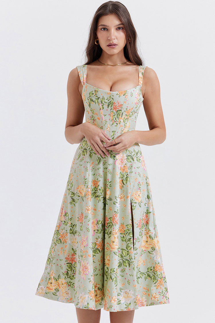 Floral Print Corset Square Neck Wide Strap High Split Midi Dress