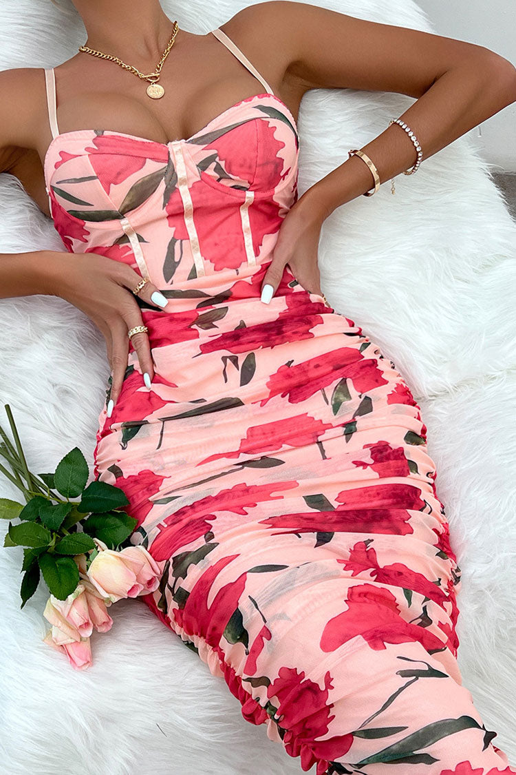 Oversized Floral Print Mesh Ruched Sweetheart Bustier Midi Dress