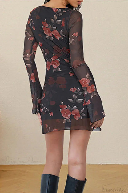 Floral Mesh Bell Sleeve Crew Neck Bodycon Mini Dress