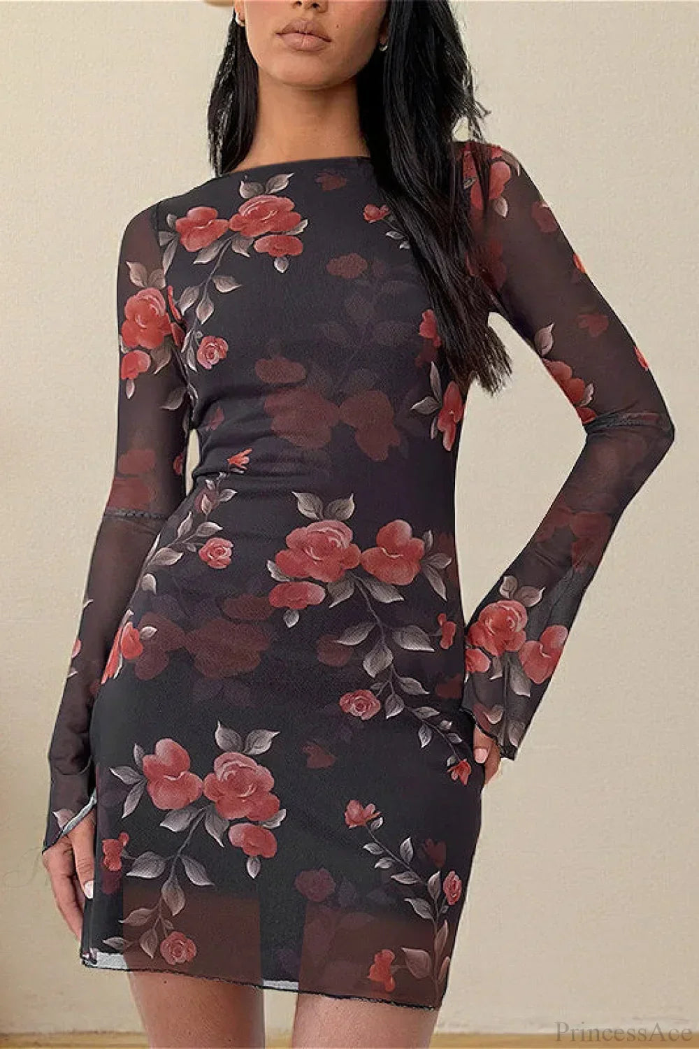 Floral Mesh Bell Sleeve Crew Neck Bodycon Mini Dress