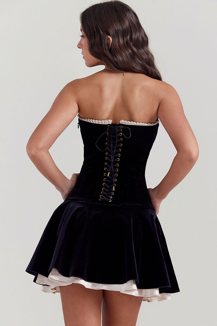 Strapless Pearl Trim Lace-Up Corset Drop Waist Bubble Hem Mini Dress