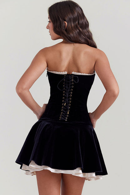 Strapless Pearl Trim Lace-Up Corset Drop Waist Bubble Hem Mini Dress