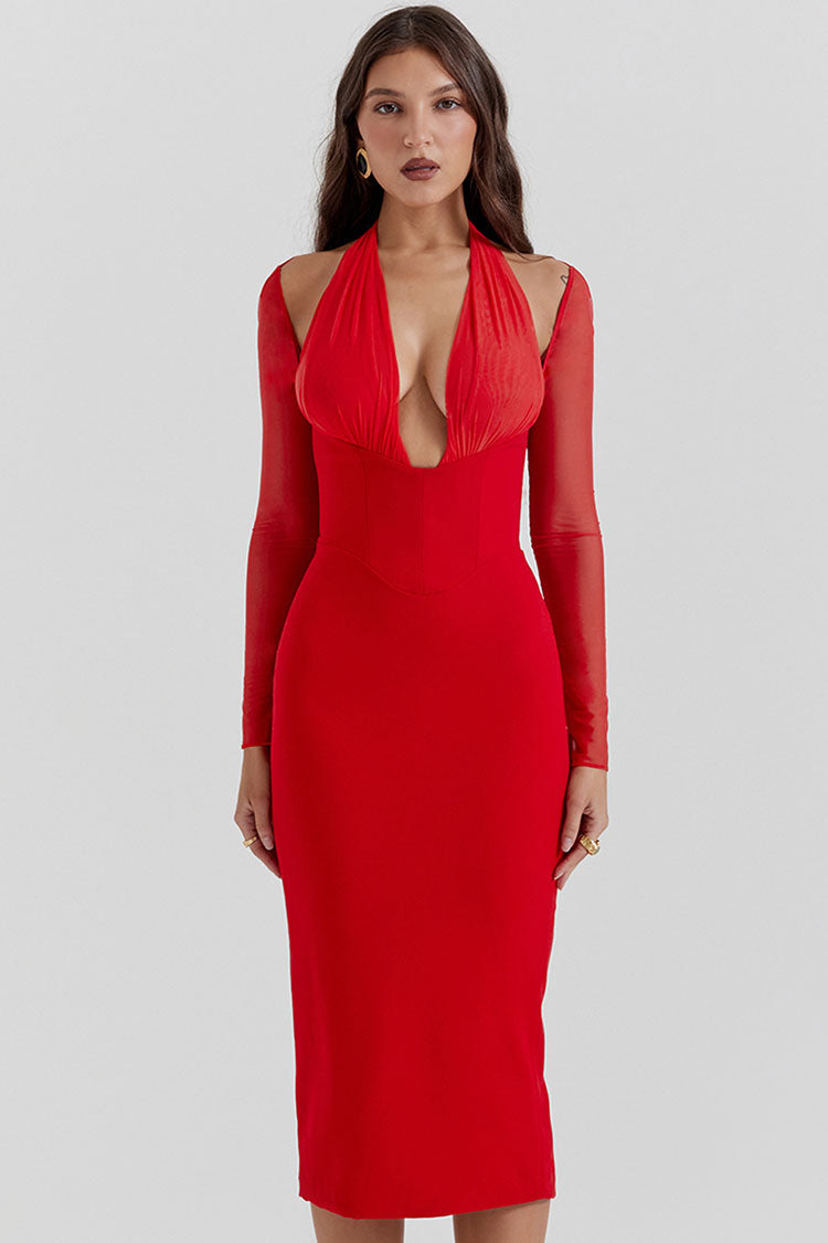 Halter Plunge Ruched Mesh Cold Shoulder Long Sleeve Bodycon Midi Dress